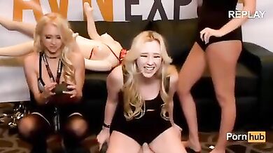 Samantha Rone squeals riding the Sybian in the booth at 2015 AVN