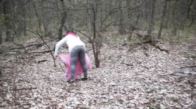 Fast blowjob and footjob in the spring forest with pinkhair girl