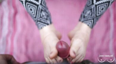 Fast blowjob and footjob in the spring forest with pinkhair girl