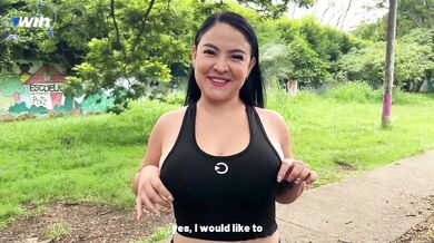 Fan finds busty Daniela Gomez and invites her to fulfill her fantasies outdoors in a public park.