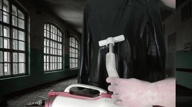 Vacuuming Girlfriend's Italian Leather Cute Jacket with vintage Electrolux Vacuum Cleaner