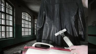 Vacuuming Girlfriend's Italian Leather Cute Jacket with vintage Electrolux Vacuum Cleaner