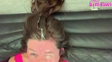 EYES OPEN SLUT GETS HAIR AND FACE USED DUMP HIS BIG CUM LOAD