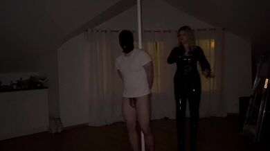 Sadistic dominatrix whipping and dominating her femdom slave