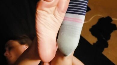 POV fucking and cumshot on blue running socks