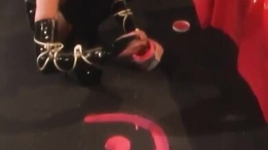 Busty blonde lesbian submits to spanking and rubs pussy