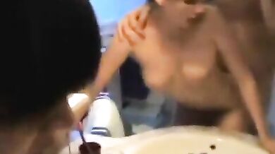 hot amateur bathroom scene : shower behind , against table , final hand job porn