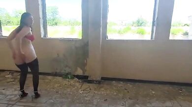 Za za the brunette milf undresses in abandoned building - big ass solo in stockings