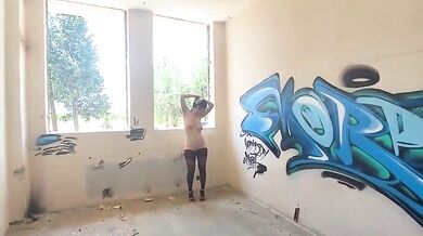 Za za the brunette milf undresses in abandoned building - big ass solo in stockings