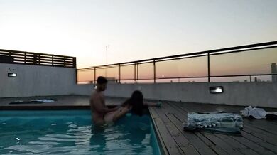 cumming a lot in the pool at a beautiful sunset - accounter adventure