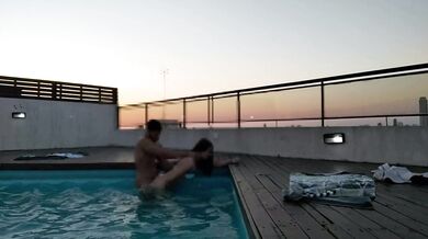 cumming a lot in the pool at a beautiful sunset - accounter adventure