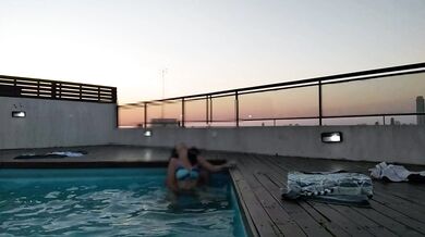 cumming a lot in the pool at a beautiful sunset - accounter adventure