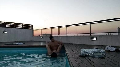 cumming a lot in the pool at a beautiful sunset - accounter adventure