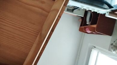 Sexy mom prepares breakfast, hairy pussy, big tits.