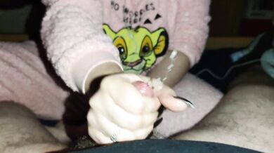 Ruined Cumshot with long black nails