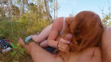 Risky Public Beach Blowjob and HairJob | Cum on Long Ginger Hair | Pale Curvy Redhead MILF Outdoor