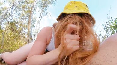 Risky Public Beach Blowjob and HairJob | Cum on Long Ginger Hair | Pale Curvy Redhead MILF Outdoor
