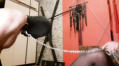 The slave sniffs and kisses the armpits and boobs of the Dominatrix. Mistress takes off her bra