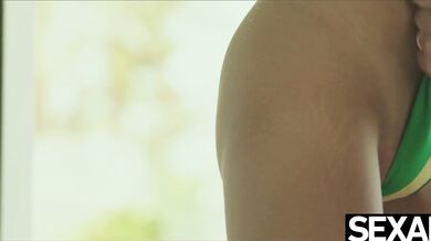 Her big natural tits bounce as she gets a hot lesbian licking