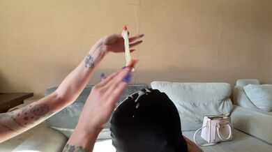 Dominatrix Nika brought her slave a condom with sperm. The humiliation of a slave.
