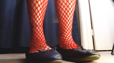 Red Fishnets Ballet Flats Shoeplay Dipping Toe Wiggling