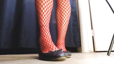 Red Fishnets Ballet Flats Shoeplay Dipping Toe Wiggling