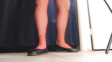 Red Fishnets Ballet Flats Shoeplay Dipping Toe Wiggling