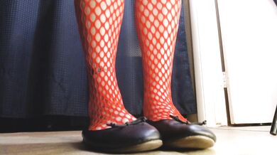 Red Fishnets Ballet Flats Shoeplay Dipping Toe Wiggling