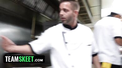 Waitress Services The Kitchen Crew With Her Tits, Pussy, And Ass