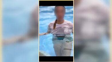 Wifey wet shirt in the pool with perfect braless tits