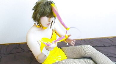 Japanese Crossdressing Gloss Bunny Girl Lying Down – Shiny Suit and Fishnets