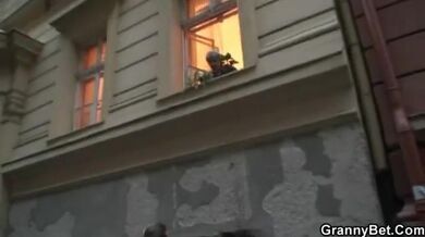 He drills her shaved old pussy