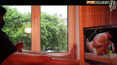 Masturbating by the window while watching porn with hot anal
