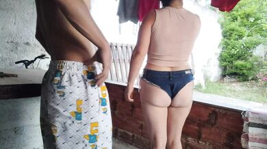 maid teases me in shorts until I fuck her on the balcony