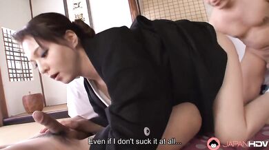 Japanese brunette Yuki Tsukamoto in kimono had a group sex uncensored.