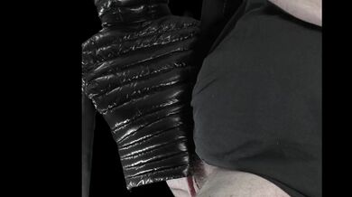 Big Cumshot on my Girlfriend's Luxurious Black 'R' Super soft Shiny Down Jacket !!