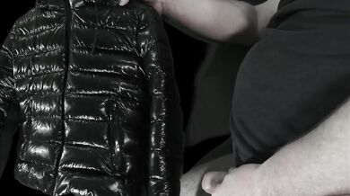 Big Cumshot on my Girlfriend's Luxurious Black 'R' Super soft Shiny Down Jacket !!