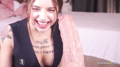 Petite Teen Deepthroat Practice With Giant Dildo