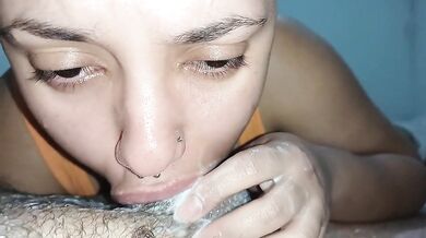 bubbling spit all over the dick, bitch fucks his throat right in the stalk, sucking cum