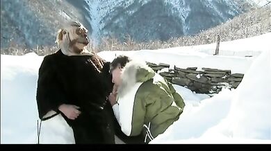Sabrina Sweet Gives Masked Man a Deepthroat Blowjob Outdoors in Snow