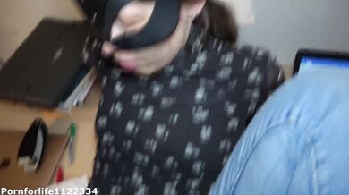 Secretary fucked on the office table through the huge hole in her jeans with cumshot on her pussy