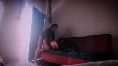 This guy was so horny that he opens the door so he can see how this girl screams with his dick insid