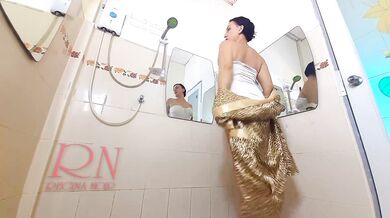 Nice lady in the shower room trying on a leopard robe and white linen. Try on haul underwear cam 2-1