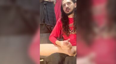 big cum spray into the air wearing all red raining cum everywhere big long bbc latino dick cock