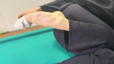 Barefeet throat job on the pool table