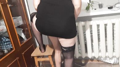 Neighbor in a miniskirt and stockings fucks my girlfriend and I masturbate to their sex - IkaSmokS