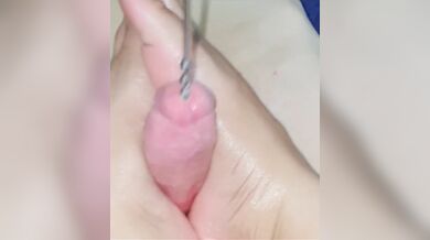 Fucking besties cock with sounding rod until he cums.