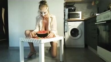 Crazy Milf Mother Squirts On Watermelon In Kitchen Solo Masturbation