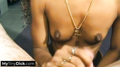 Fingering her own pussy before giving a small cock a deep blowojob