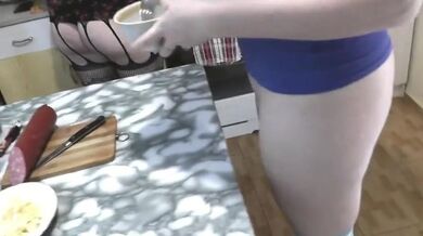 Mature MILF and Cute Teen Lesbian Kissing in Kitchen - Blonde and Brunette Cook Pizza Without Panties